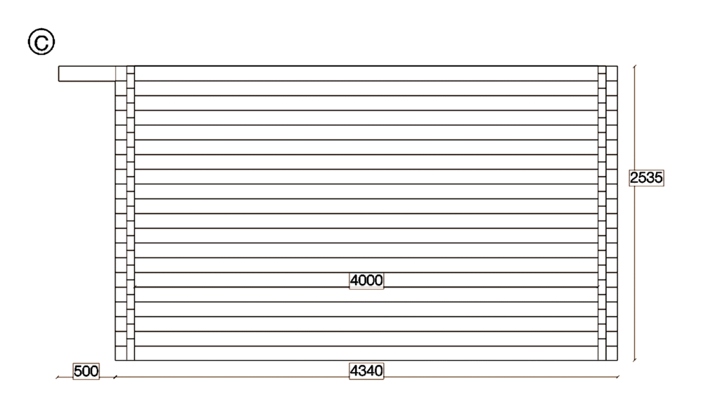 Elevation C of Apex Timber Lodge 7.5x4.0, dimensioned drawing