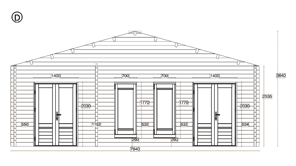 Elevation D of Apex Timber Lodge 7.5x4.0, dimensioned drawing