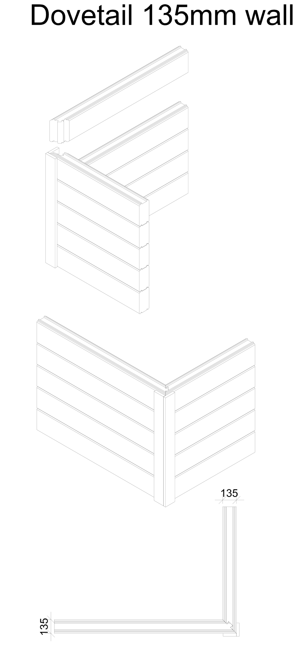 Line drawing of a dovetail corner joint on a 135 mm Eurodita glulam wall, with the 135 mm section marked