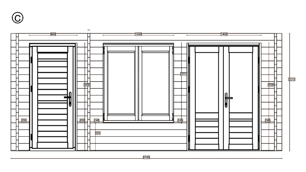 Elevation C of Garden Room 2.4x4.8, dimensioned drawing