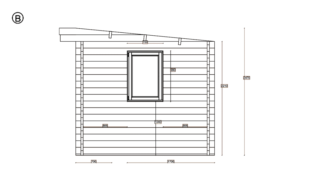 Elevation B of Garden Shed 2.4x3.4, dimensioned drawing