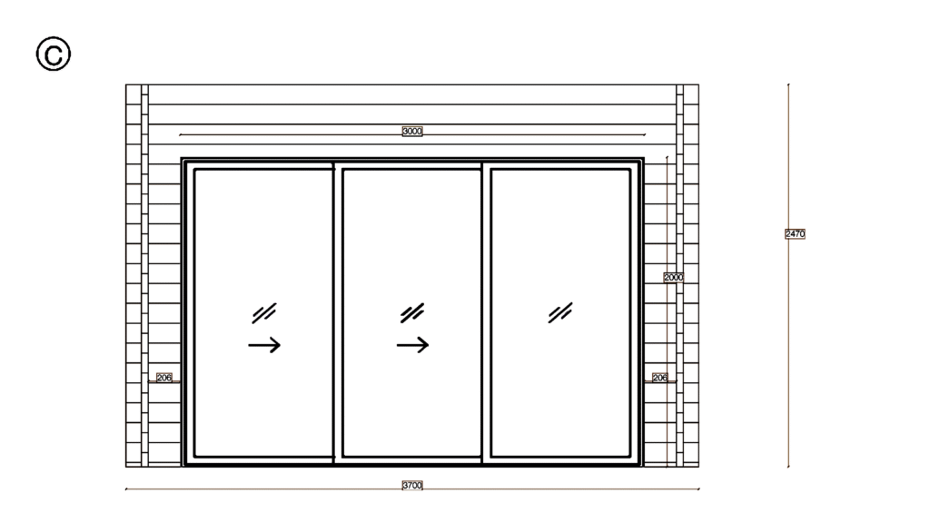 Elevation C of Garden Shed 2.4x3.4, dimensioned drawing