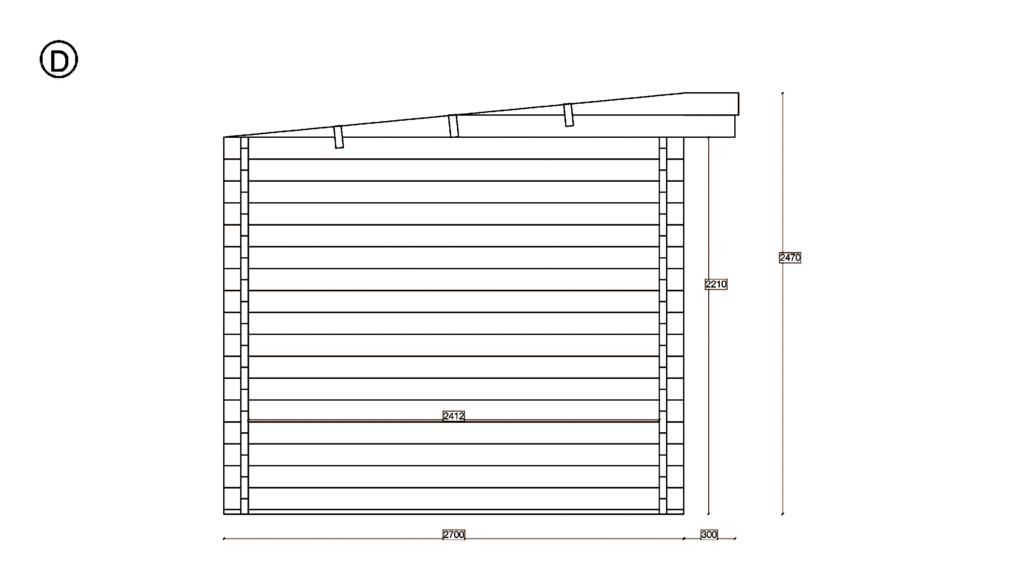 Elevation D of Garden Shed 2.4x3.4, dimensioned drawing