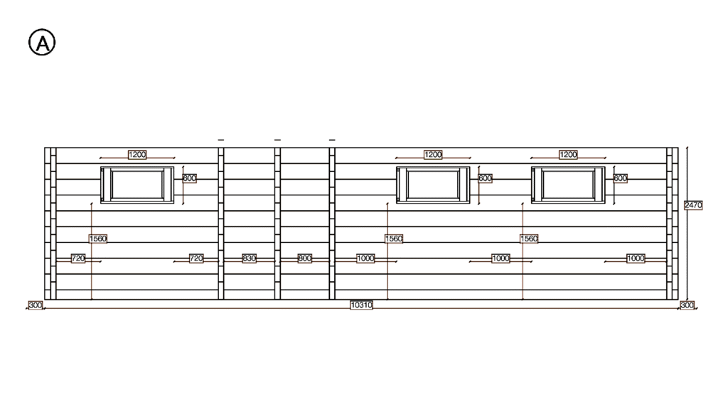 Elevation A of Glulam Apex Holiday Cabin 5.9x10.3, dimensioned drawing