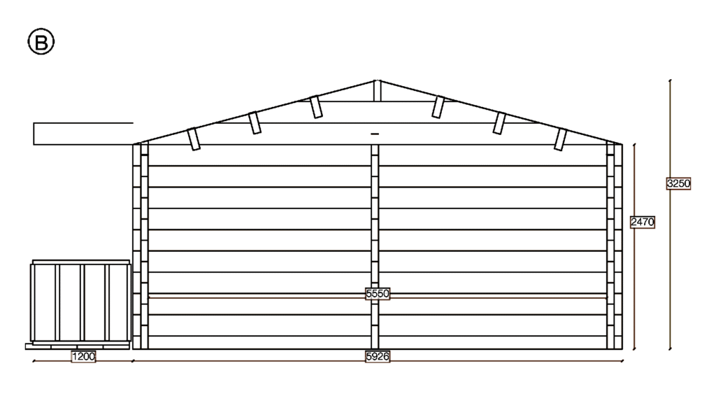 Elevation B of Glulam Apex Holiday Cabin 5.9x10.3, dimensioned drawing
