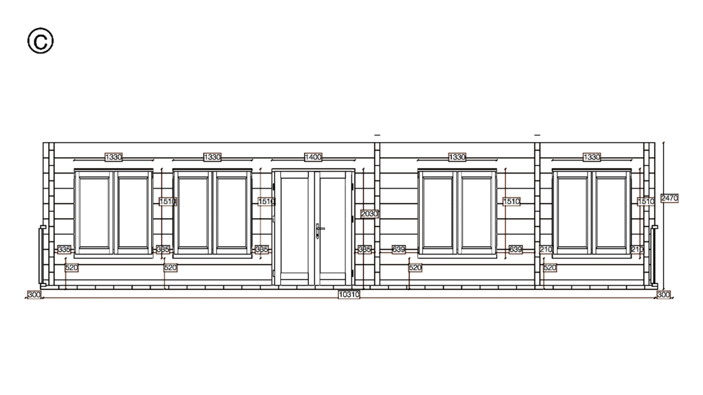 Elevation C of Glulam Apex Holiday Cabin 5.9x10.3, dimensioned drawing