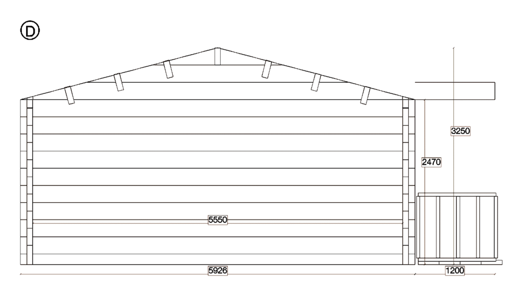 Elevation D of Glulam Apex Holiday Cabin 5.9x10.3, dimensioned drawing