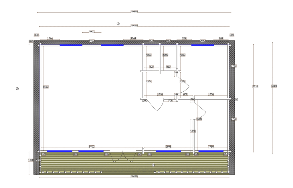 Floor plan of Glulam Apex Holiday Cabin 5.9x10.3, dimensioned drawing