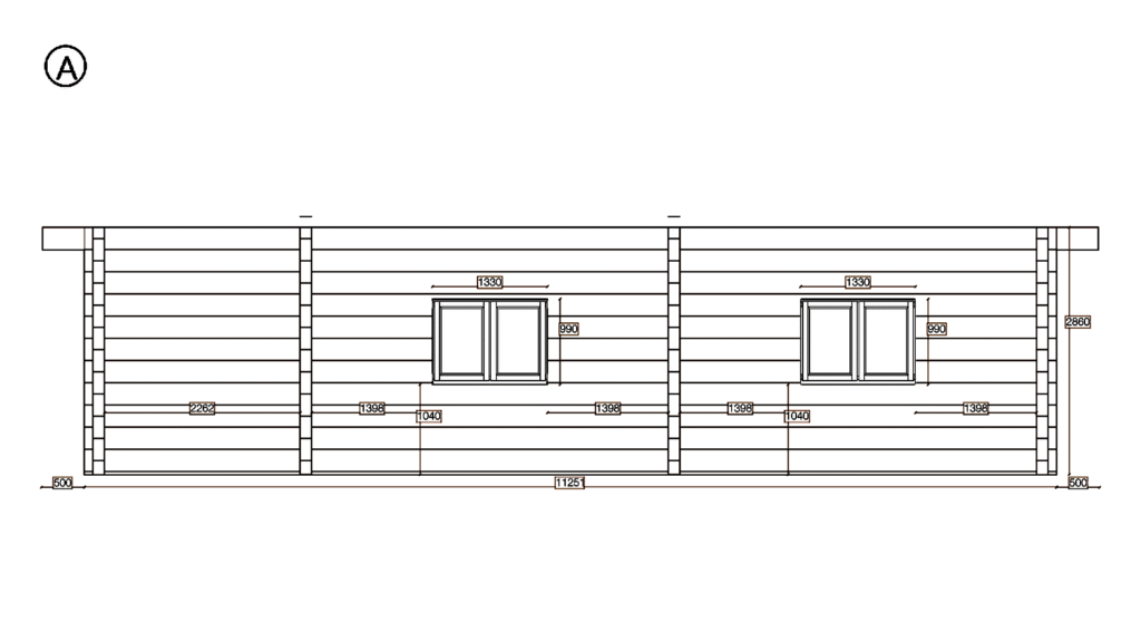 Elevation A of Glulam Apex Timber Lodge 6.2x11.3, dimensioned drawing
