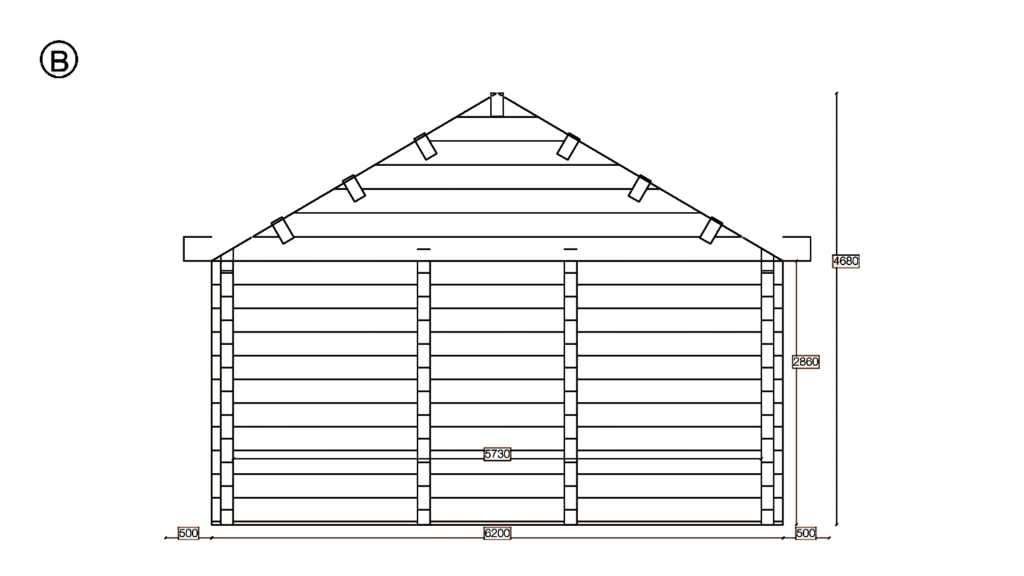 Elevation B of Glulam Apex Timber Lodge 6.2x11.3, dimensioned drawing