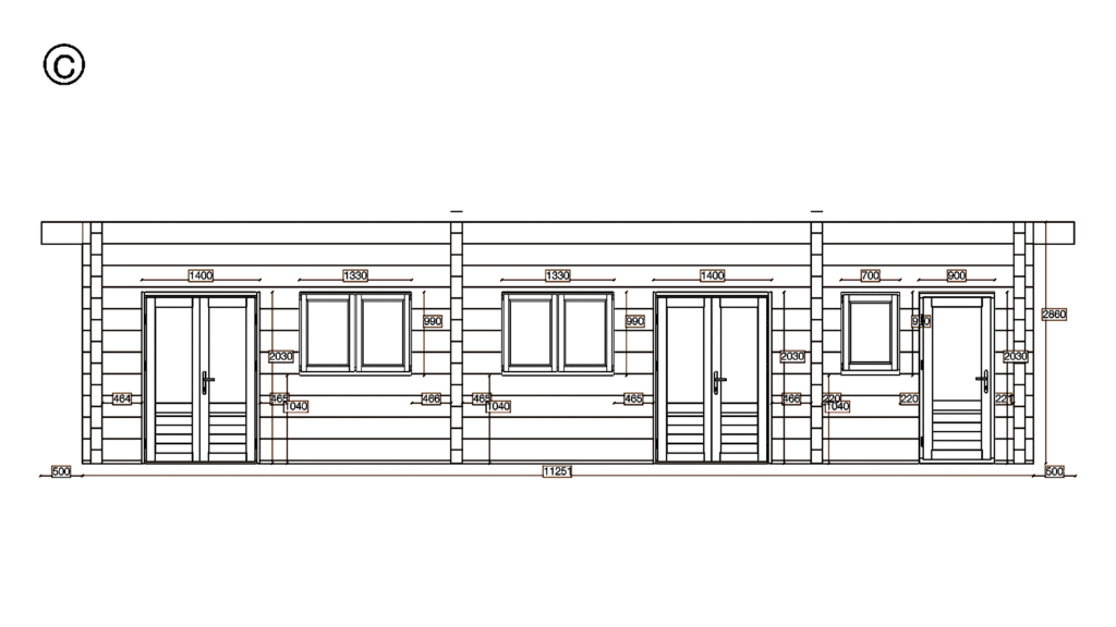 Elevation C of Glulam Apex Timber Lodge 6.2x11.3, dimensioned drawing
