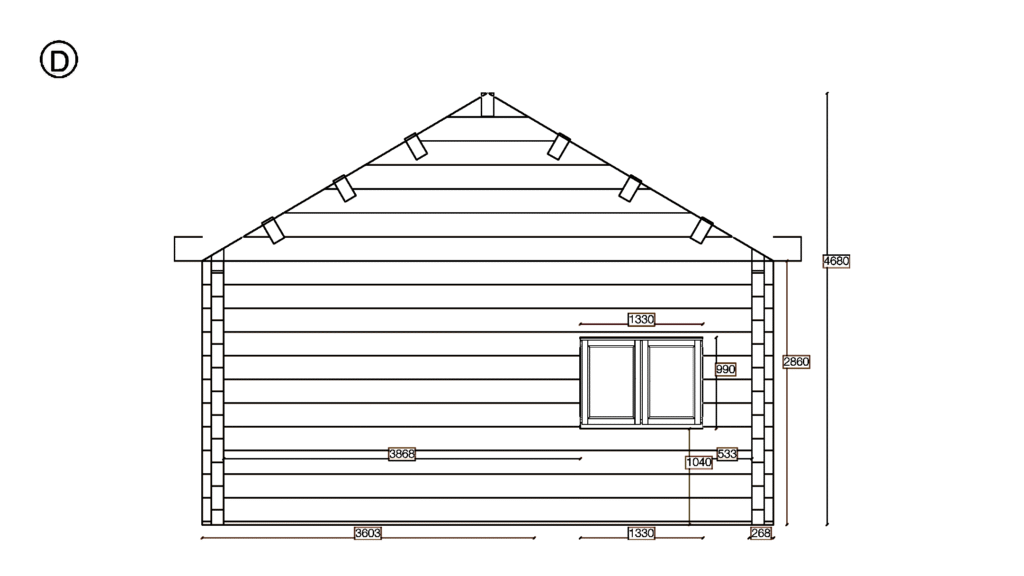 Elevation D of Glulam Apex Timber Lodge 6.2x11.3, dimensioned drawing