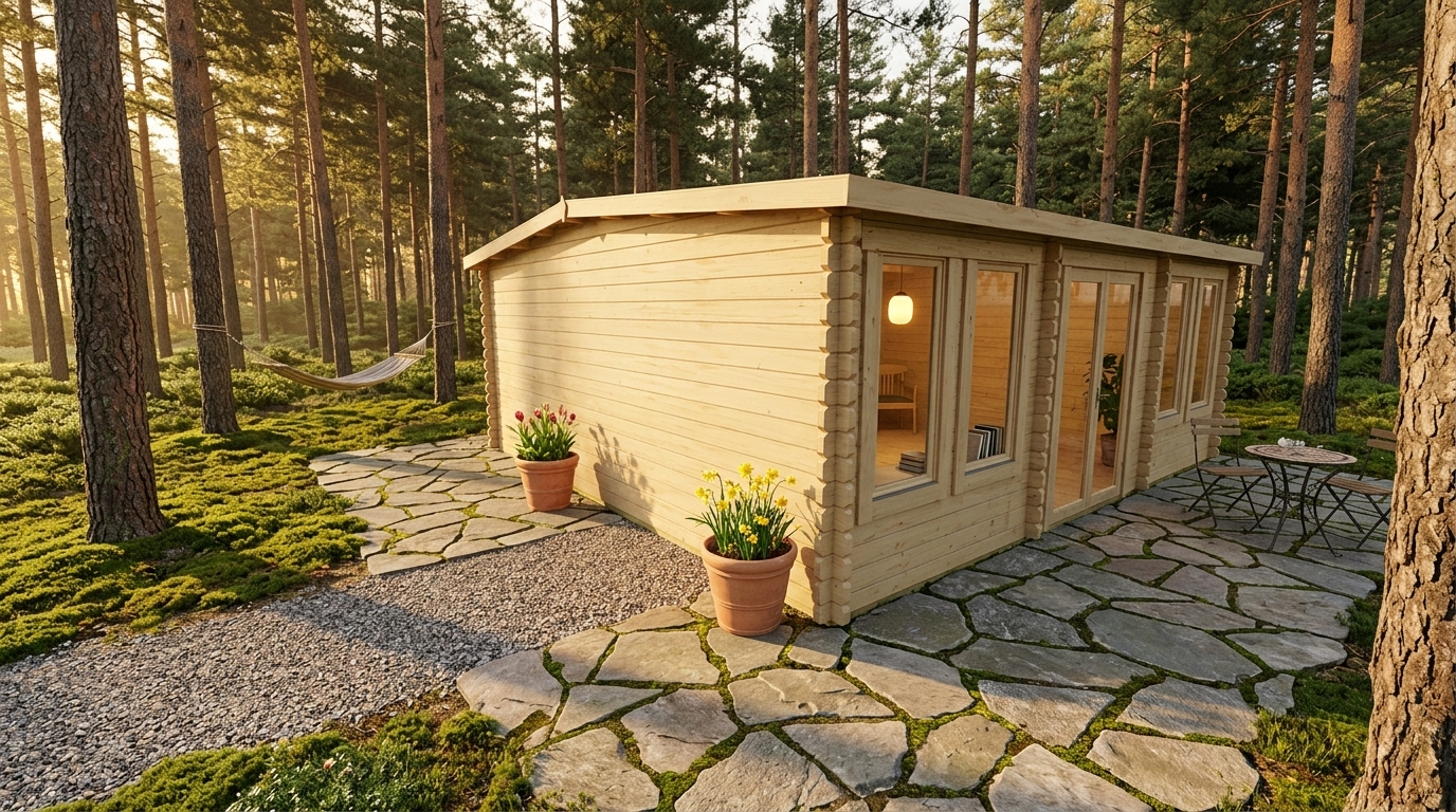3D project view of Apex Garden Studio 5.6x6.2 with 44mm solid log walls and an apex roof