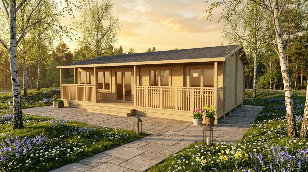 3D project view of Glulam Apex Holiday Cabin 5.9x10.3 with 88mm glulam walls and an apex roof