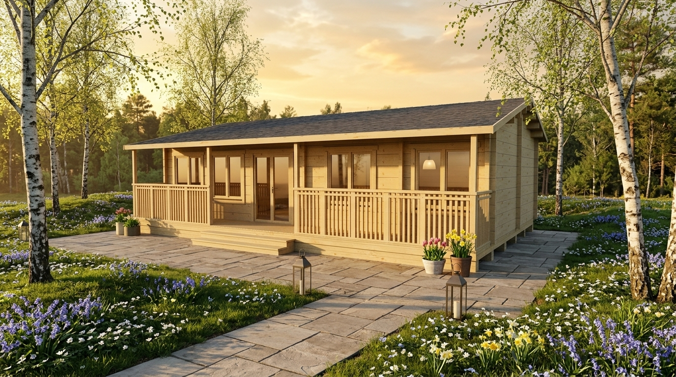 3D project view of Glulam Apex Holiday Cabin 5.9x10.3 with 88mm glulam walls and an apex roof