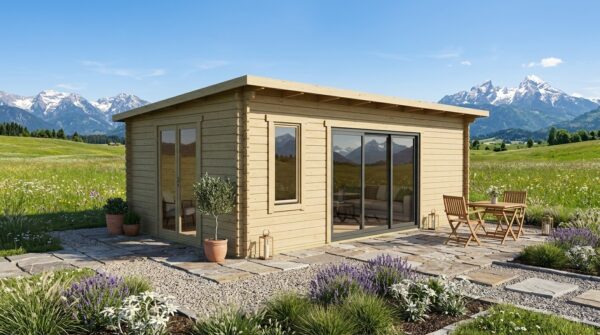3D project view of Pent Cross-Rafter Garden Office 3.8x8.8 with 44mm solid log walls and a pent roof with cross rafters