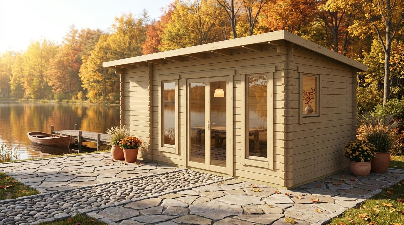 3D render of Pent Summer House 3.0x6.0, a bespoke 15.5m² timber building with 44mm solid log walls and pent (mono-pitch) roof, manufactured by Eurodita