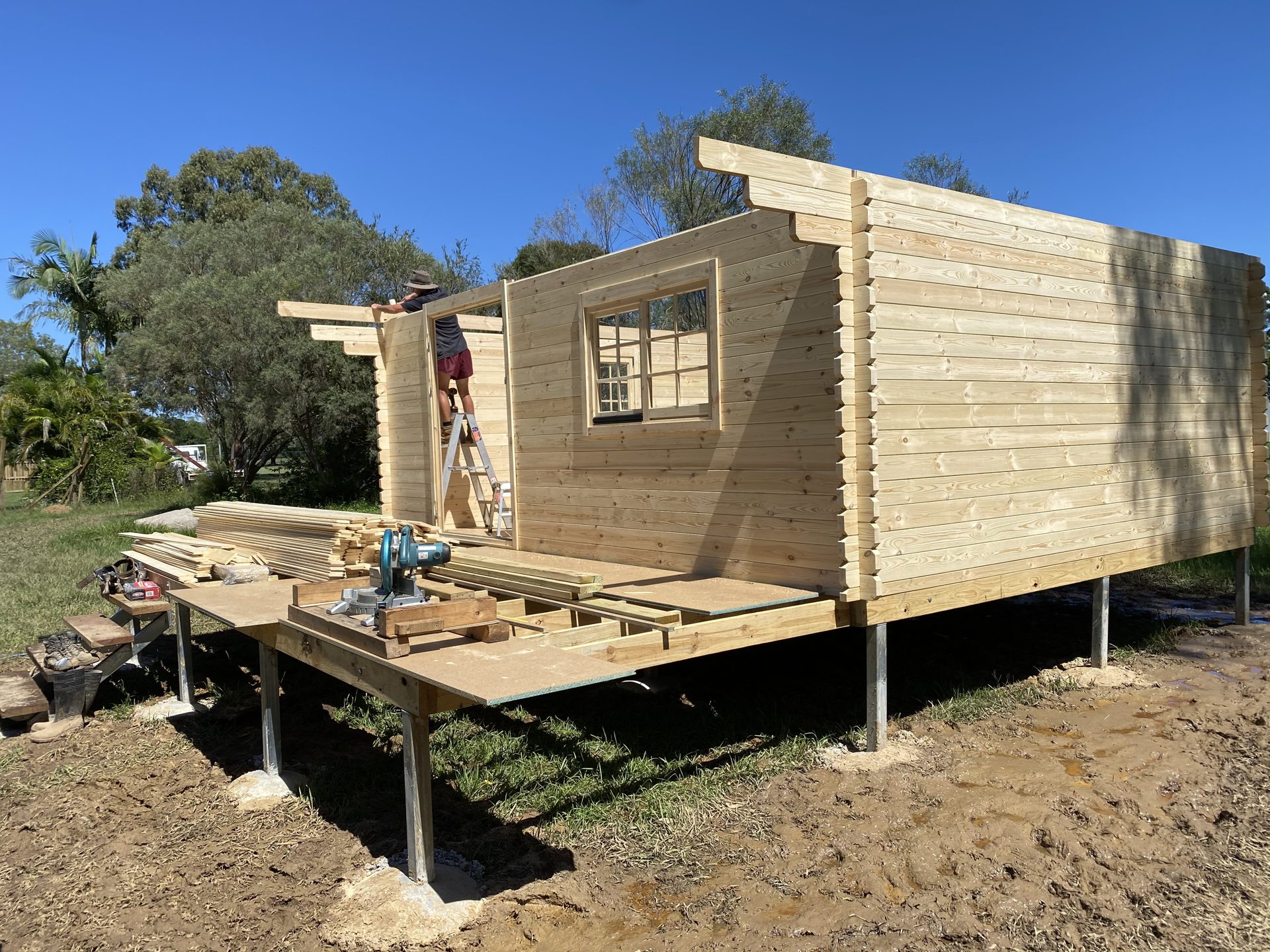 Wall logs rising around a window opening during on-site assembly of a log cabin kit