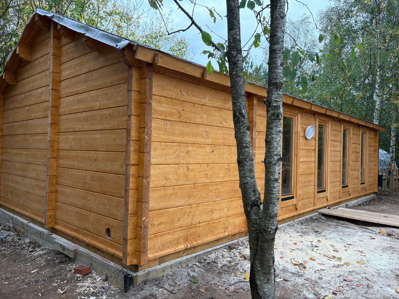 Long chalet en bois Eurodita de plain-pied, lasuré, avec une rangée de fenêtres, entre des arbres