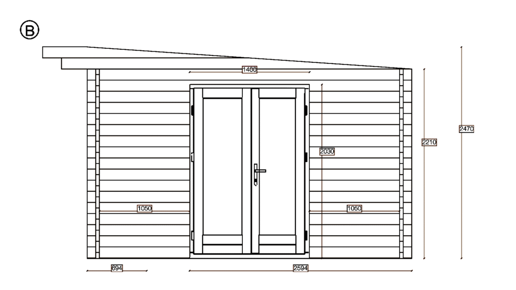 Elevation B of Pent Cross-Rafter Garden Office 3.8x8.8, dimensioned drawing