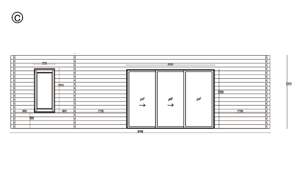 Elevation C of Pent Cross-Rafter Garden Office 3.8x8.8, dimensioned drawing