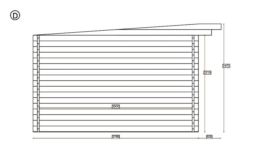 Elevation D of Pent Cross-Rafter Garden Office 3.8x8.8, dimensioned drawing