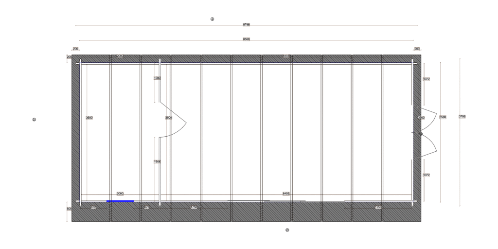 Floor plan of Pent Cross-Rafter Garden Office 3.8x8.8, dimensioned drawing