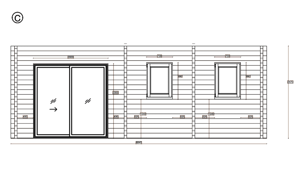 Elevation C of Pent Garden Room 3.0x6.5, dimensioned drawing