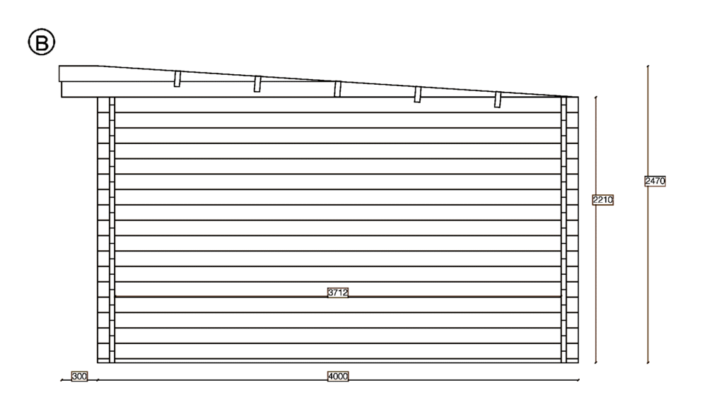 Elevation B of Pent Holiday Cabin 3.7x8.0, dimensioned drawing