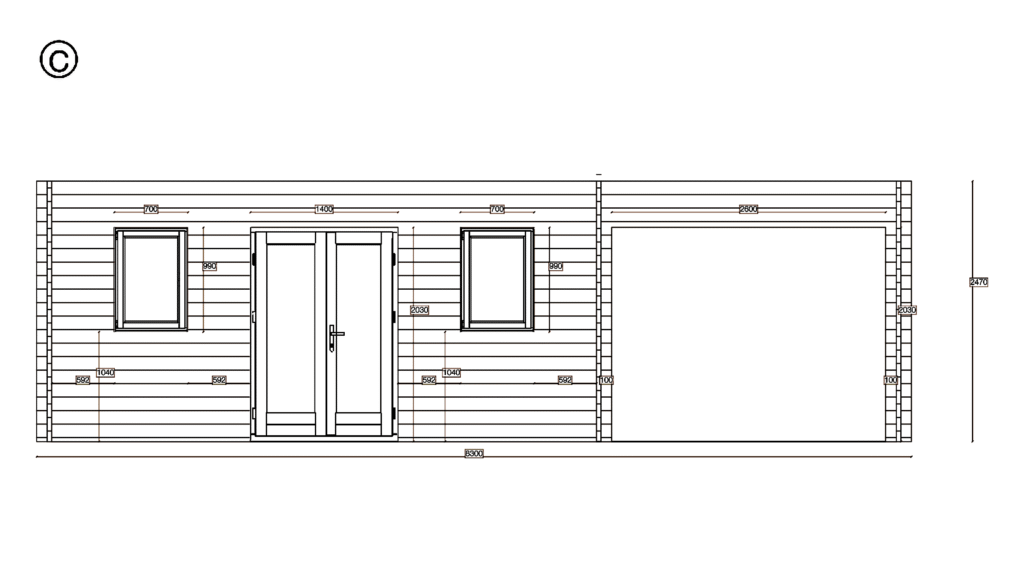 Elevation C of Pent Holiday Cabin 3.7x8.0, dimensioned drawing