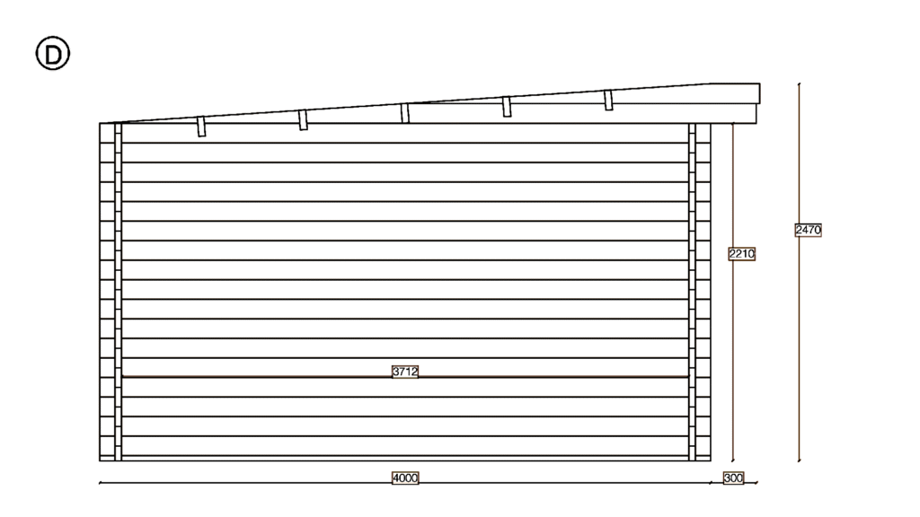 Elevation D of Pent Holiday Cabin 3.7x8.0, dimensioned drawing