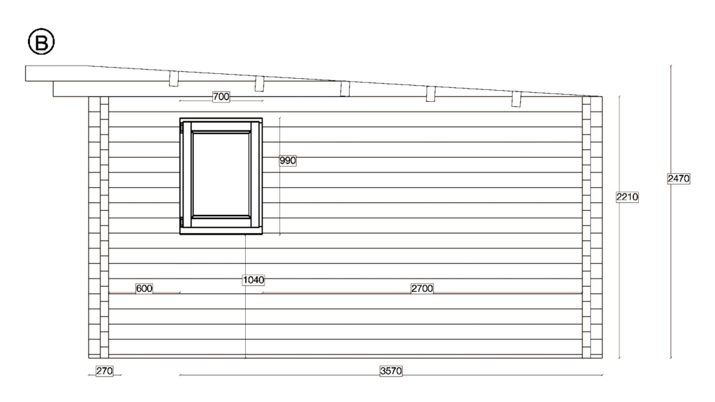 Elevation B of Pent Holiday Cabin 4.0x8.0, dimensioned drawing