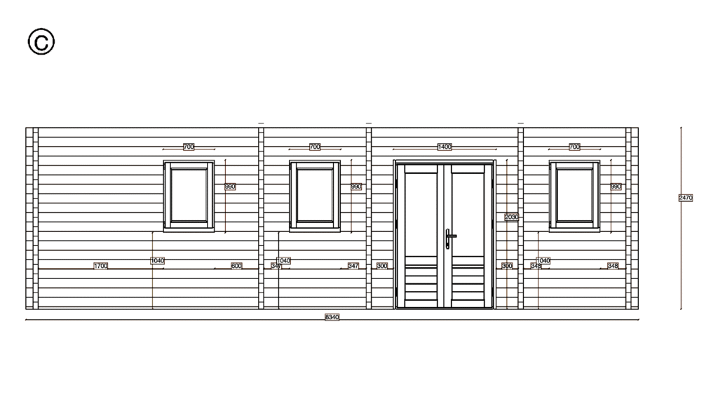 Elevation C of Pent Holiday Cabin 4.0x8.0, dimensioned drawing