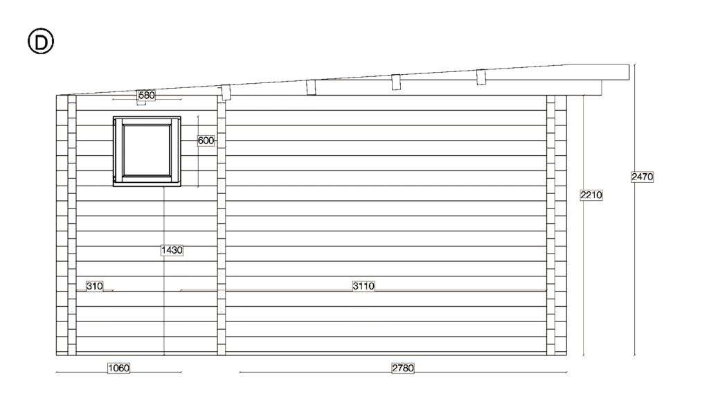 Elevation D of Pent Holiday Cabin 4.0x8.0, dimensioned drawing