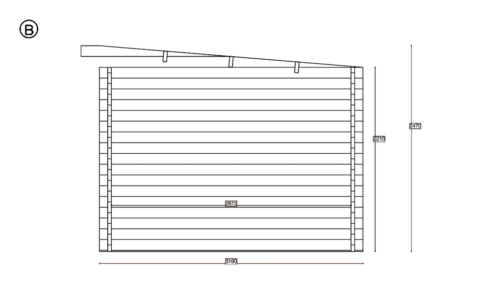 Elevation B of Pent Summer House 2.9x5.9, dimensioned drawing