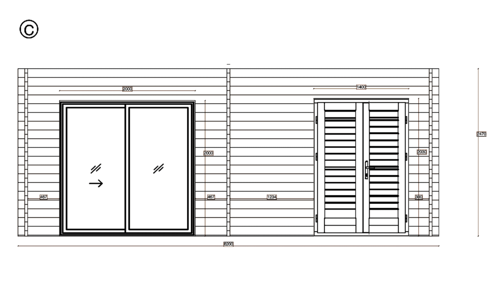 Elevation C of Pent Summer House 2.9x5.9, dimensioned drawing