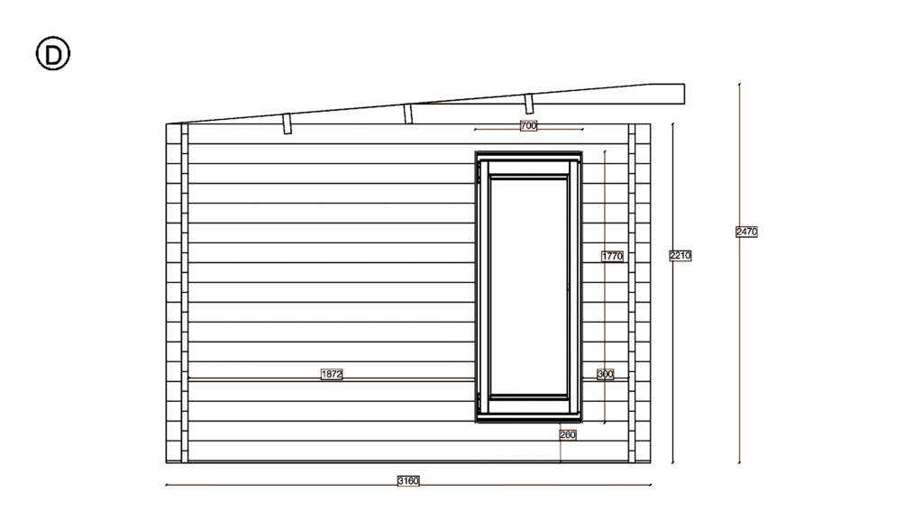 Elevation D of Pent Summer House 2.9x5.9, dimensioned drawing