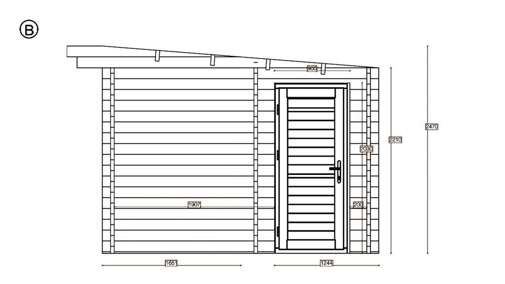 Elevation B of Pent Summer House 3.0x5.4, dimensioned drawing