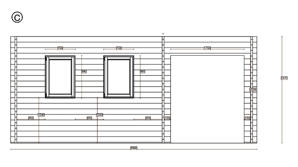 Elevation C of Pent Summer House 3.0x5.4, dimensioned drawing
