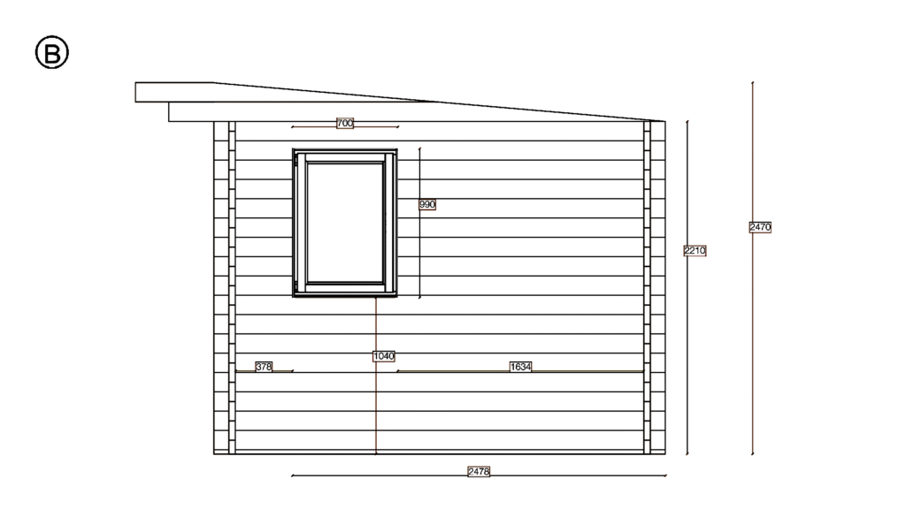 Elevation B of Pent Summer House 3.0x6.0, dimensioned drawing