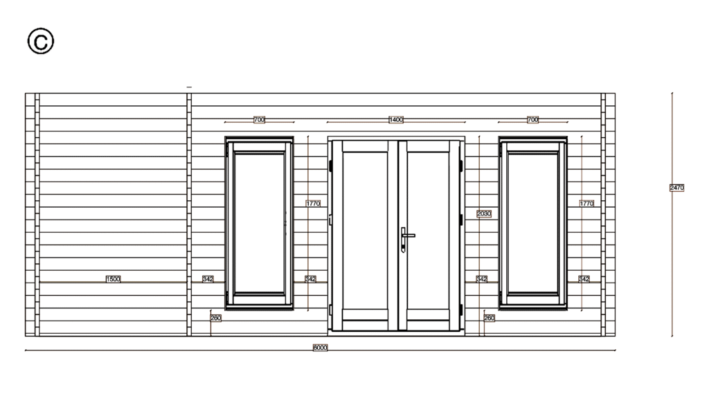 Elevation C of Pent Summer House 3.0x6.0, dimensioned drawing