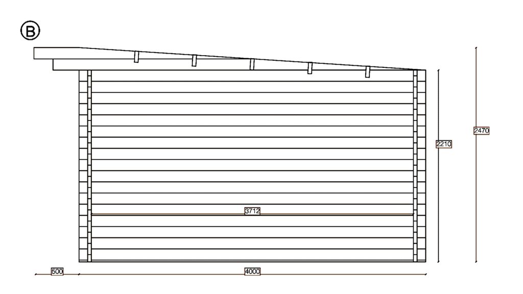 Elevation B of Pent Summer House 3.7x6.7, dimensioned drawing