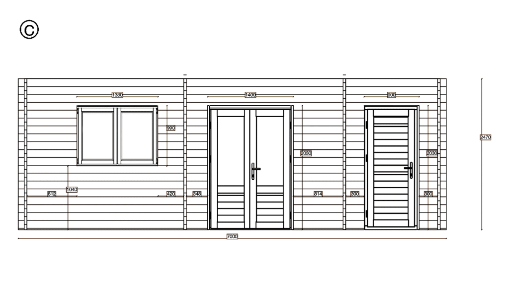 Elevation C of Pent Summer House 3.7x6.7, dimensioned drawing