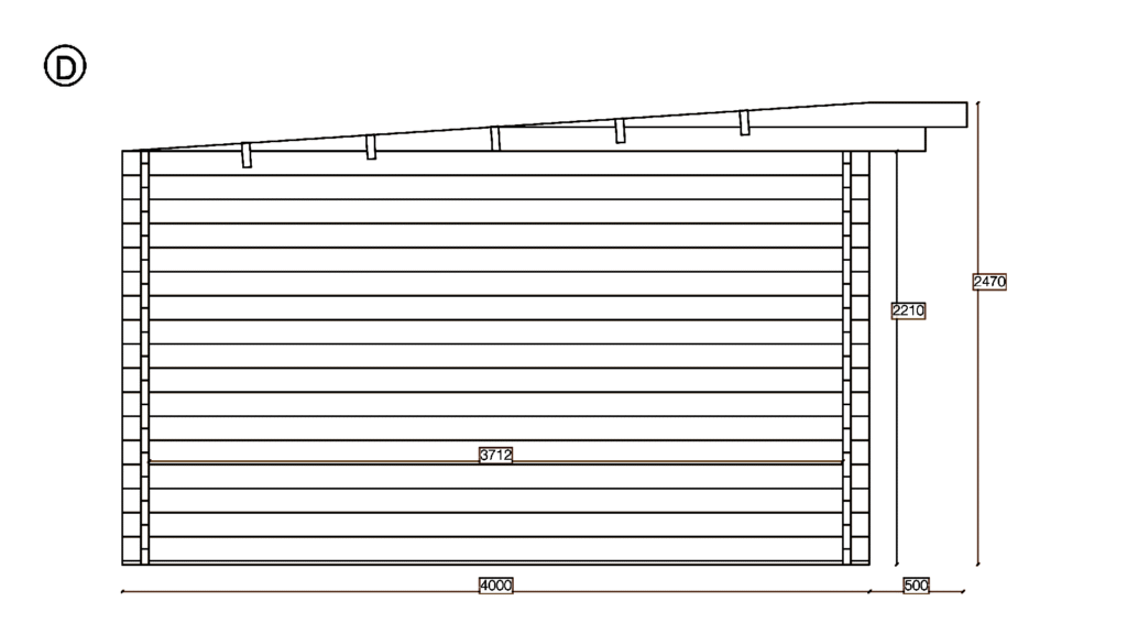 Elevation D of Pent Summer House 3.7x6.7, dimensioned drawing