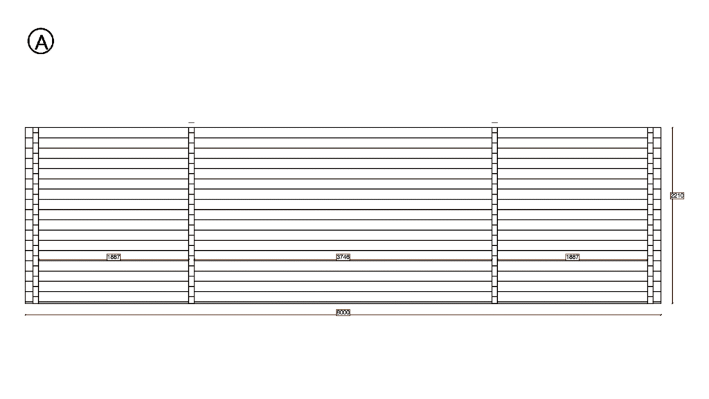 Elevation A of Pent Timber Lodge 3.4x7.7, dimensioned drawing