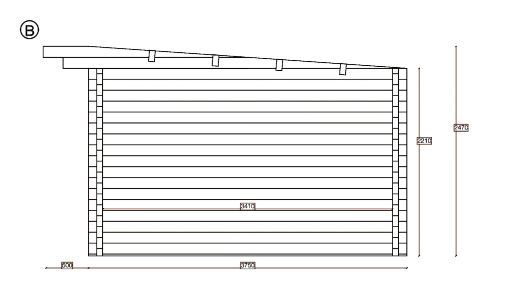 Elevation B of Pent Timber Lodge 3.4x7.7, dimensioned drawing