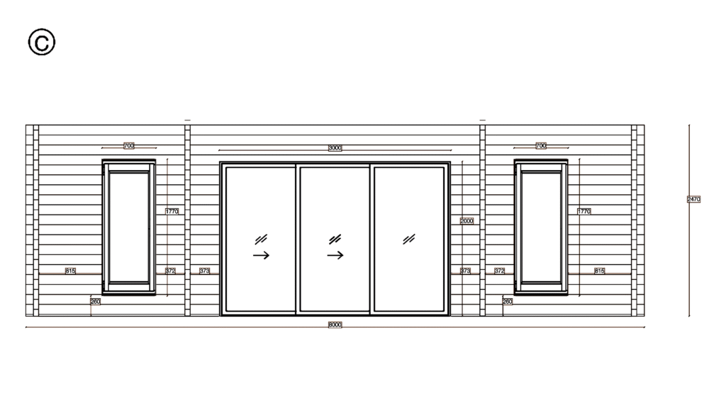 Elevation C of Pent Timber Lodge 3.4x7.7, dimensioned drawing