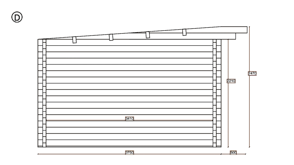 Elevation D of Pent Timber Lodge 3.4x7.7, dimensioned drawing