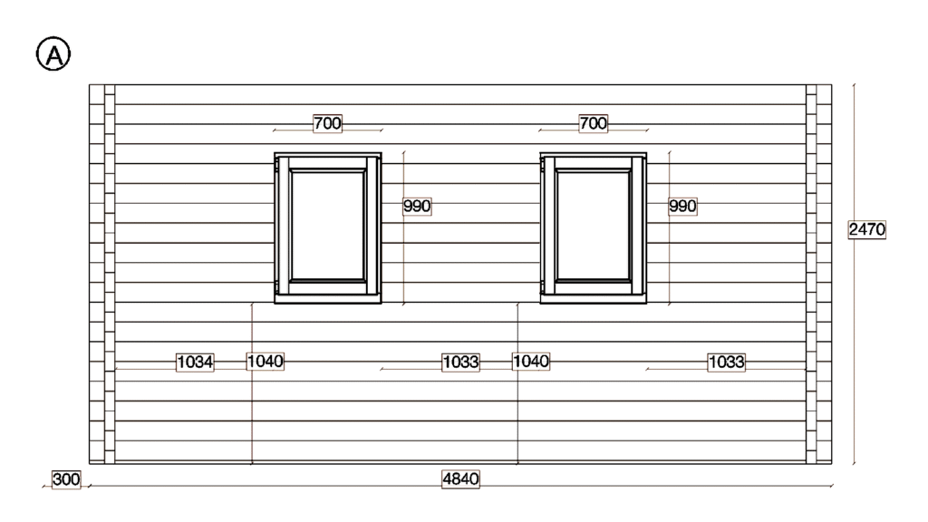 Elevation A of Apex Timber Building 6.3x4.8, dimensioned drawing