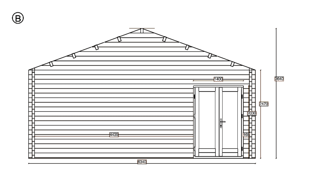 Elevation B of Apex Timber Building 6.3x4.8, dimensioned drawing